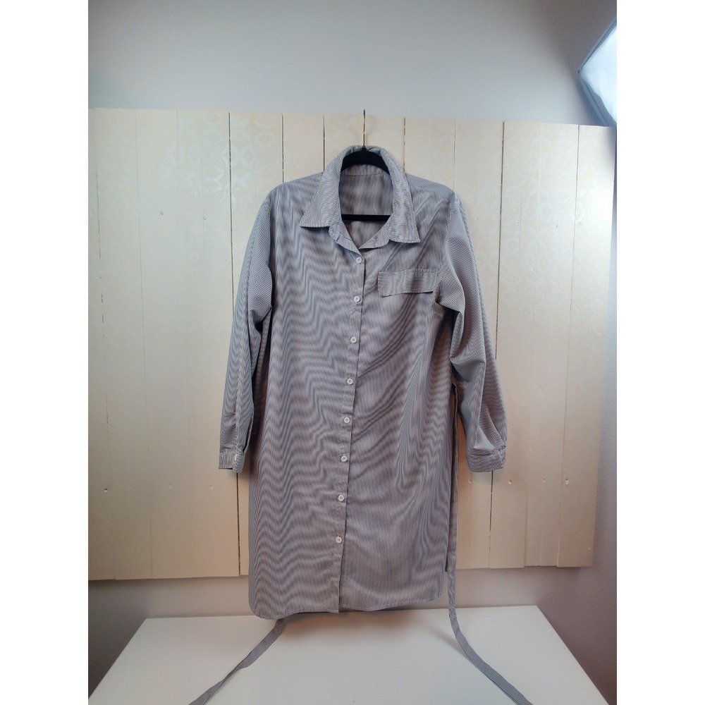 Womens Navy Pinstripe Shirt Dress Tie Waist Button Up Long Sleeve Office Size L - Picture 6 of 9